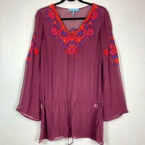 GUESS by Marciano Burgungy Sheer Embroidered Tunic S